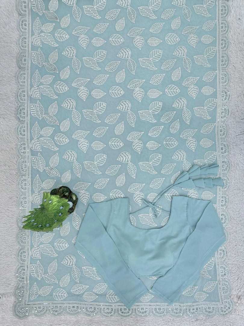 Sea green thread sequence work designer saree