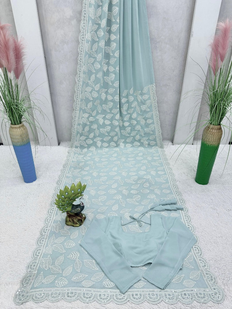 Sea green thread sequence work designer saree