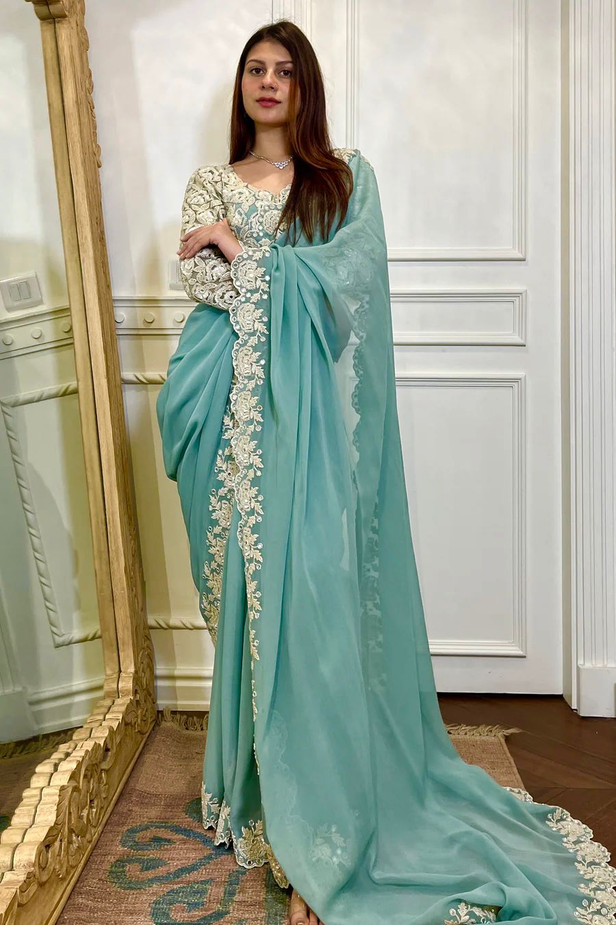 Designer georgette sequin mirror work wedding saree Sea Green Free Size