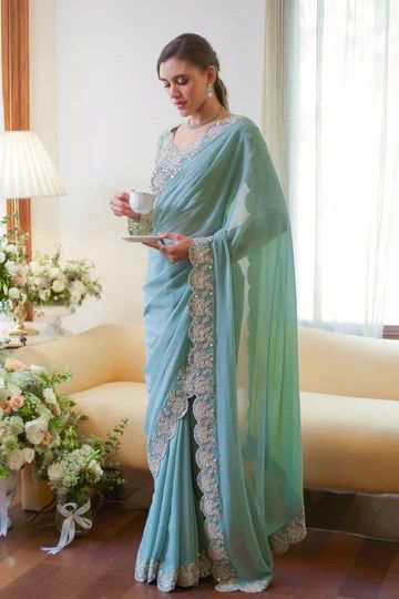 Designer georgette sequin mirror work wedding saree