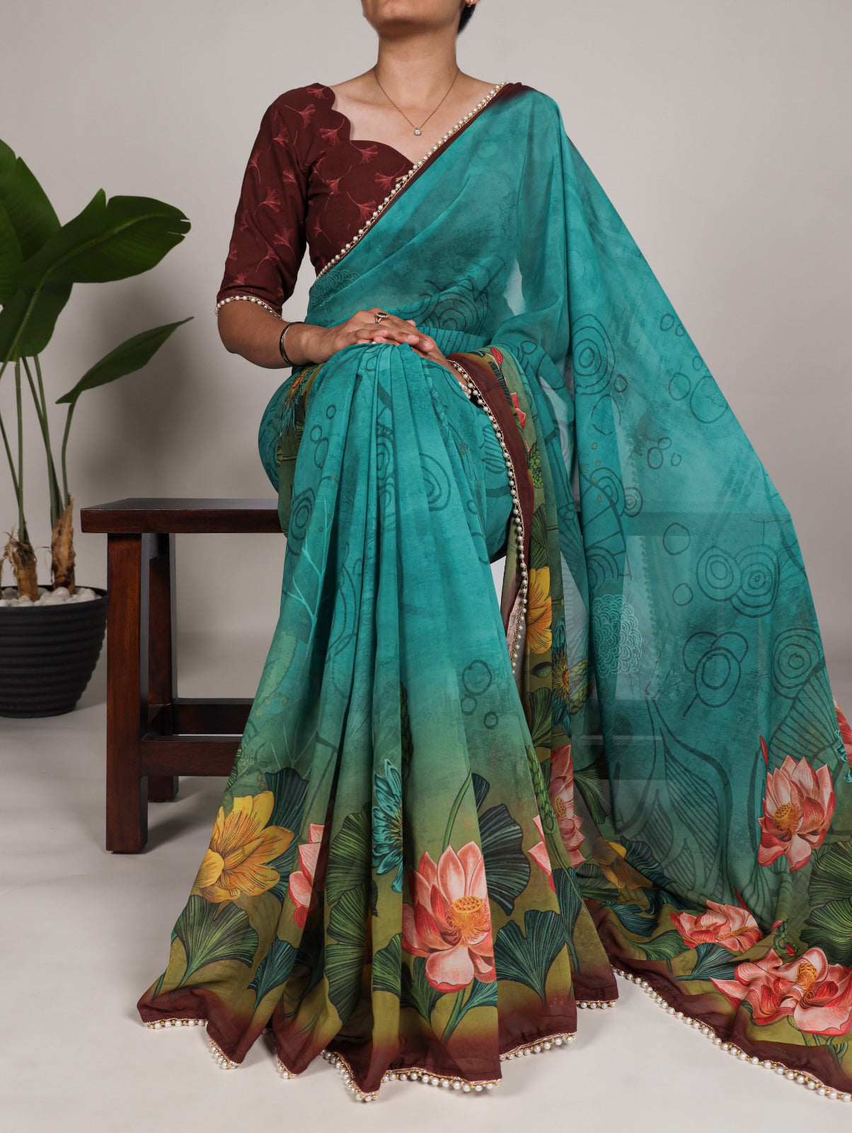 Georgette floral printed pearl lace border stylish saree Sea Green Free Size