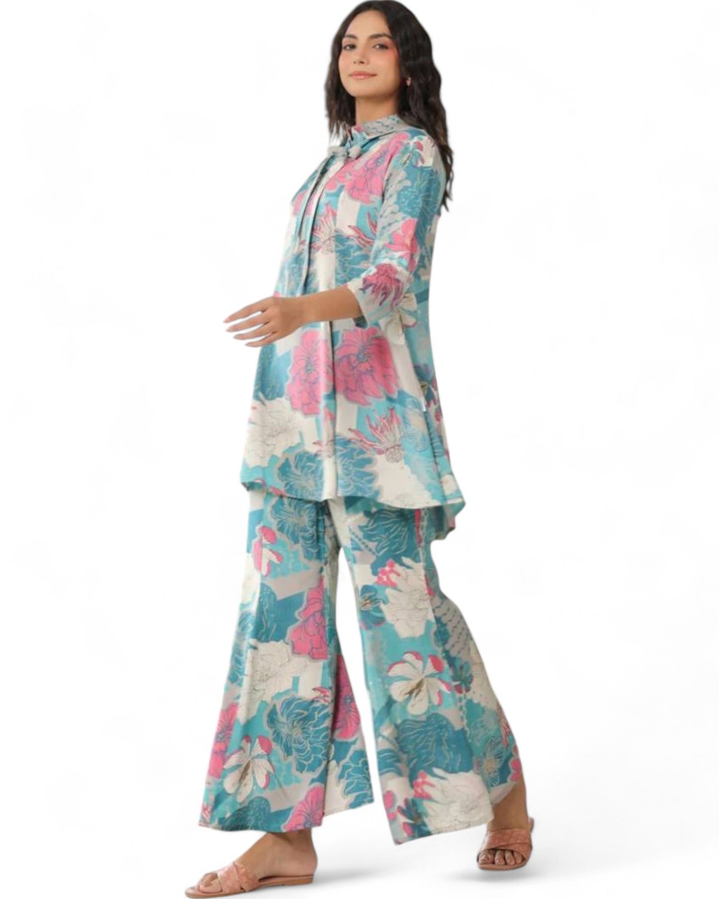 Stylish muslin floral printed co ord set Sea Green