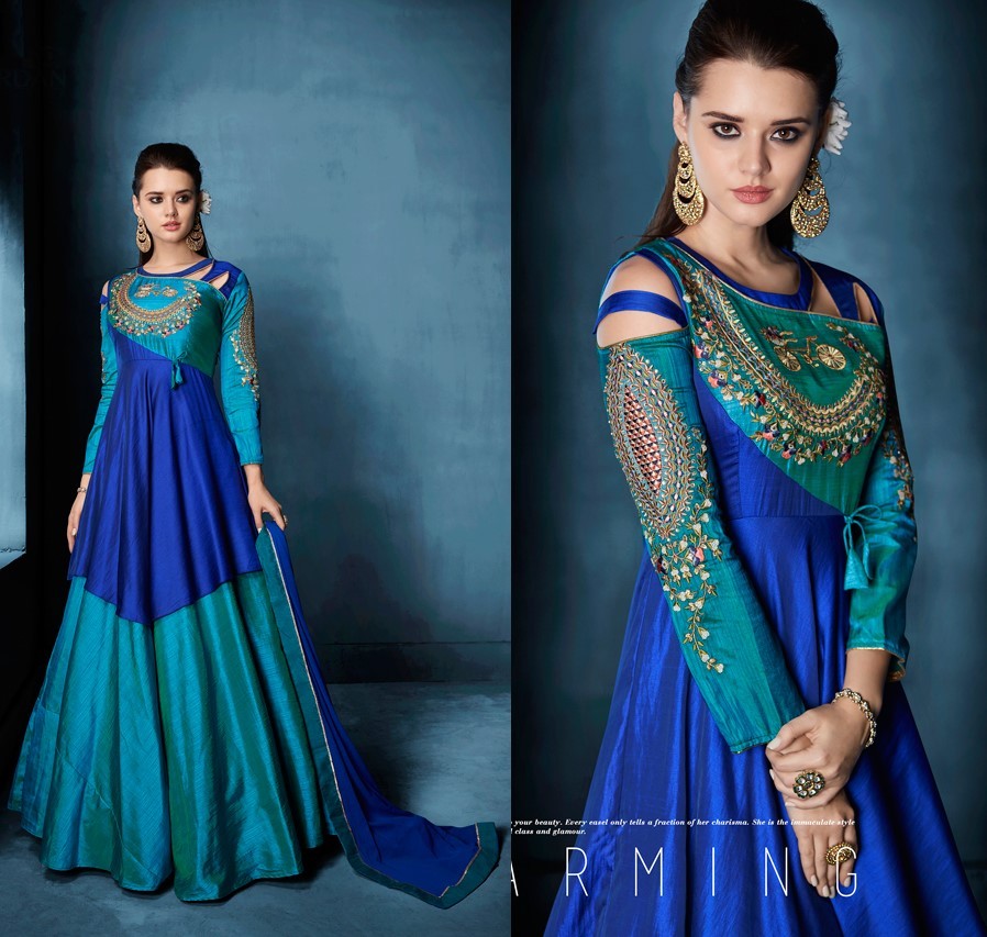 Sky Blue & Blue Colored C/N tapeta silk Zari & Resham Embroidery with Stone and Moti Work Semi Stitched gown