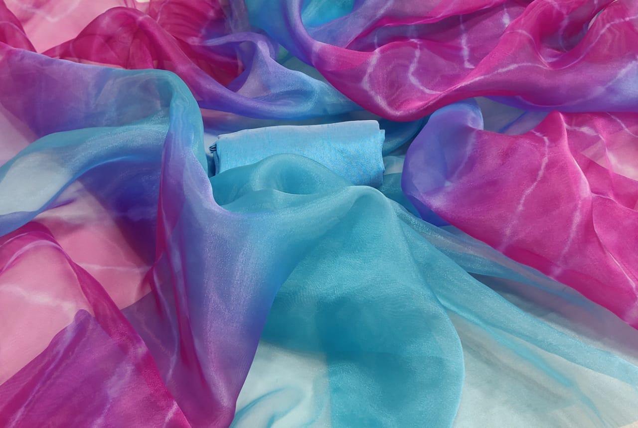 sky blue and pink multi colored heavy moss organza digital printed saree