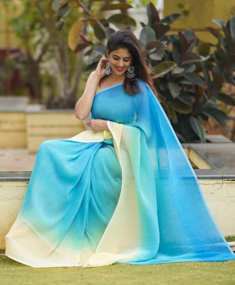 Sky blue and yellow crush georgette saree