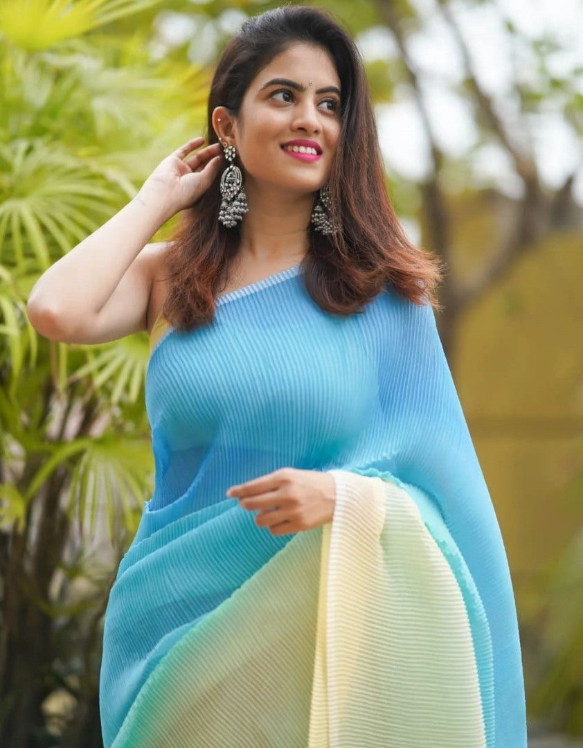 Sky blue and yellow crush georgette saree