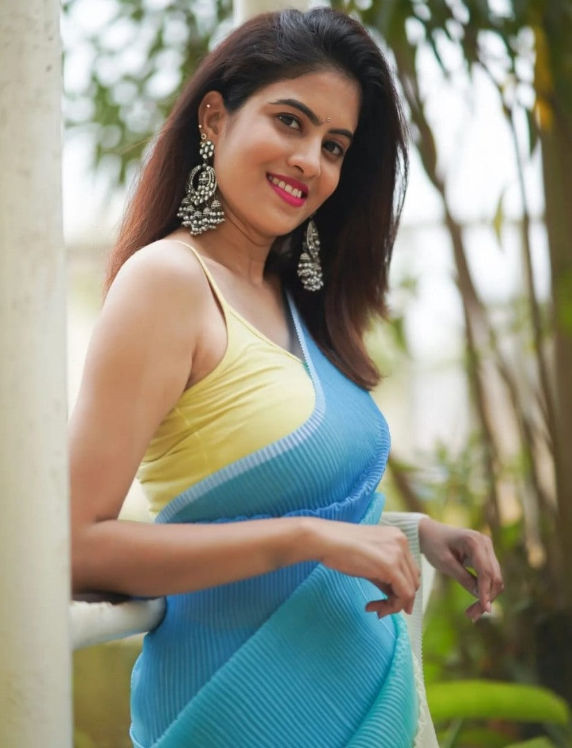 Sky blue and yellow crush georgette saree