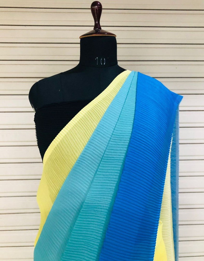Sky blue and yellow crush georgette saree
