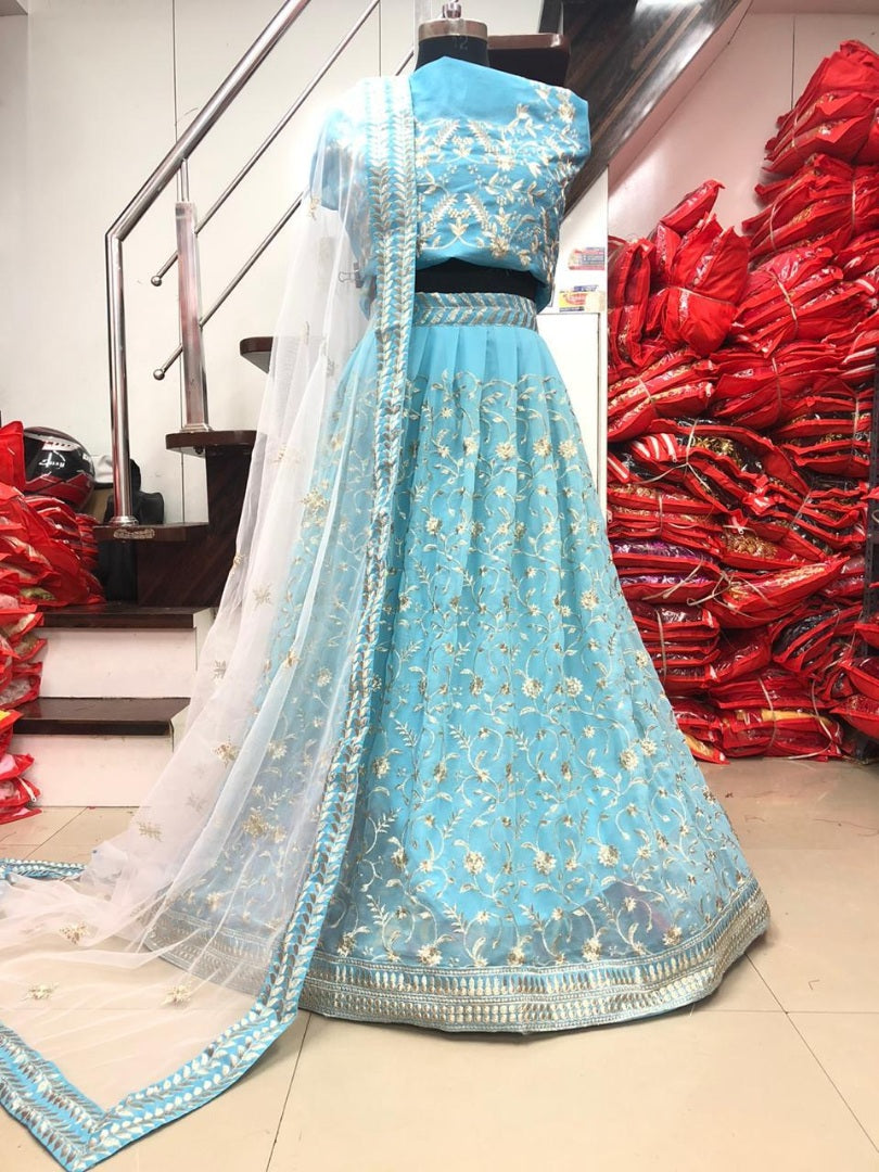 Sky blue banglory silk heavy embroidered wedding lehenga choli