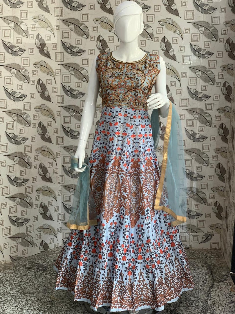 Sky blue chennai silk handworked designer gown