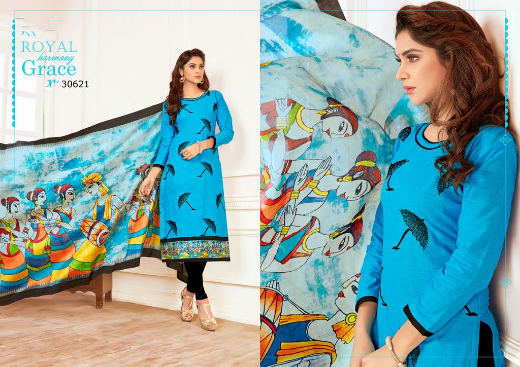 Sky Blue Colored Salab cotton Thread Work & Digital Printed Un-Stitched Dress Material