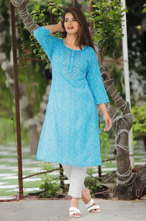 Sky blue cotton lehariya printed straight kurti