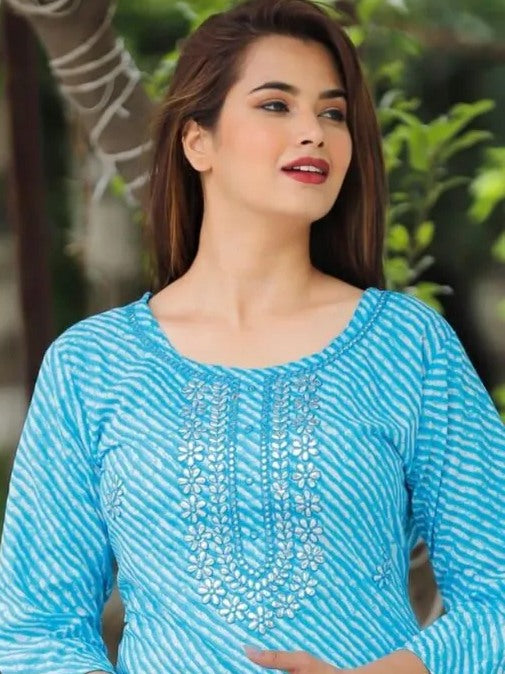 Sky blue cotton lehariya printed straight kurti