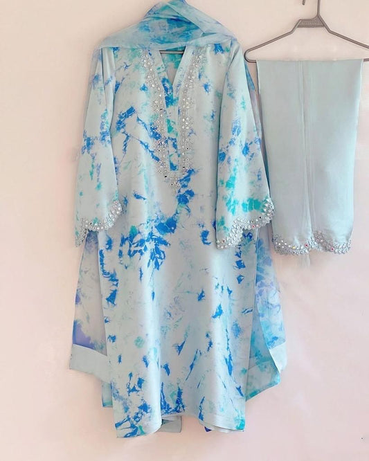 Sky blue crepe print and seqeunce work salwar suit