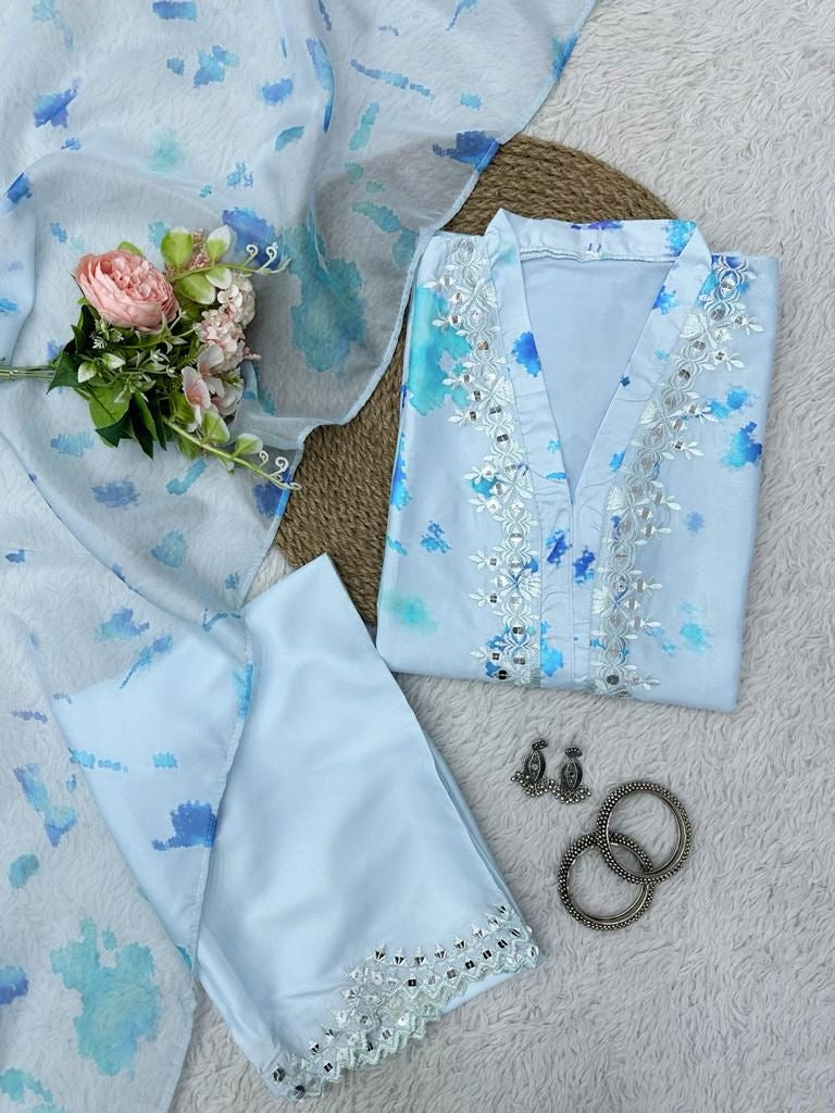 Sky blue crepe print and seqeunce work salwar suit