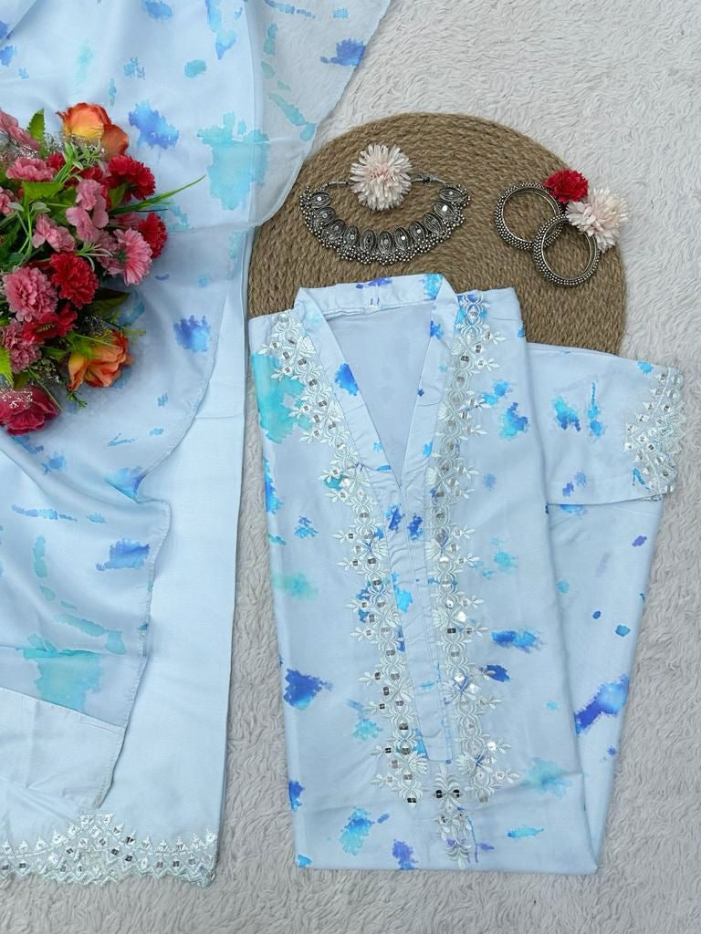Sky blue crepe print and seqeunce work salwar suit