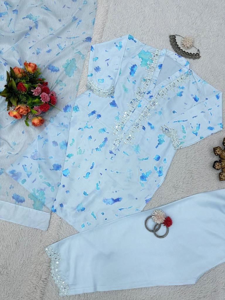 Sky blue crepe print and seqeunce work salwar suit