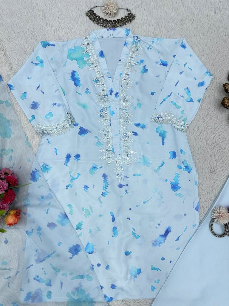 Sky blue crepe print and seqeunce work salwar suit