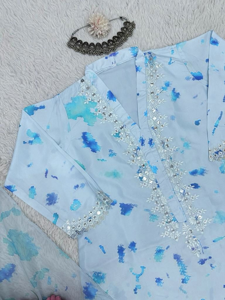 Sky blue crepe print and seqeunce work salwar suit