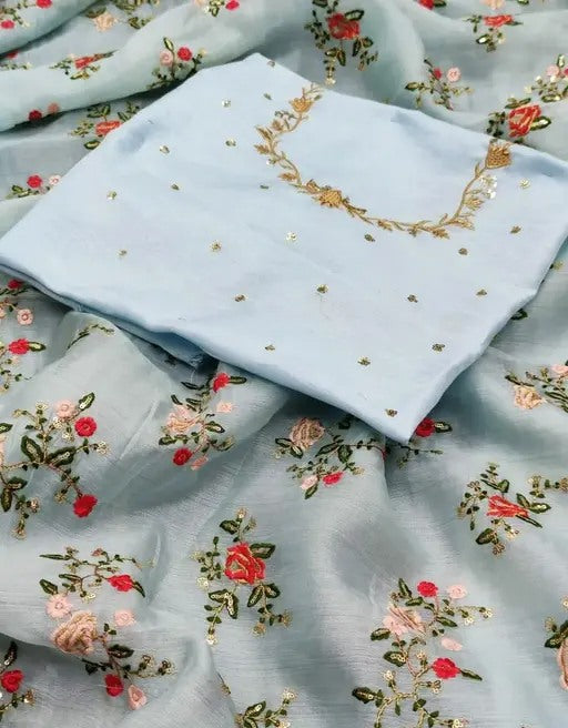 Sky blue designer embroidered wedding organza saree