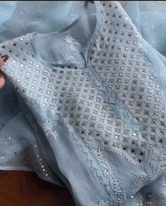Sky blue designer organza salwar suit