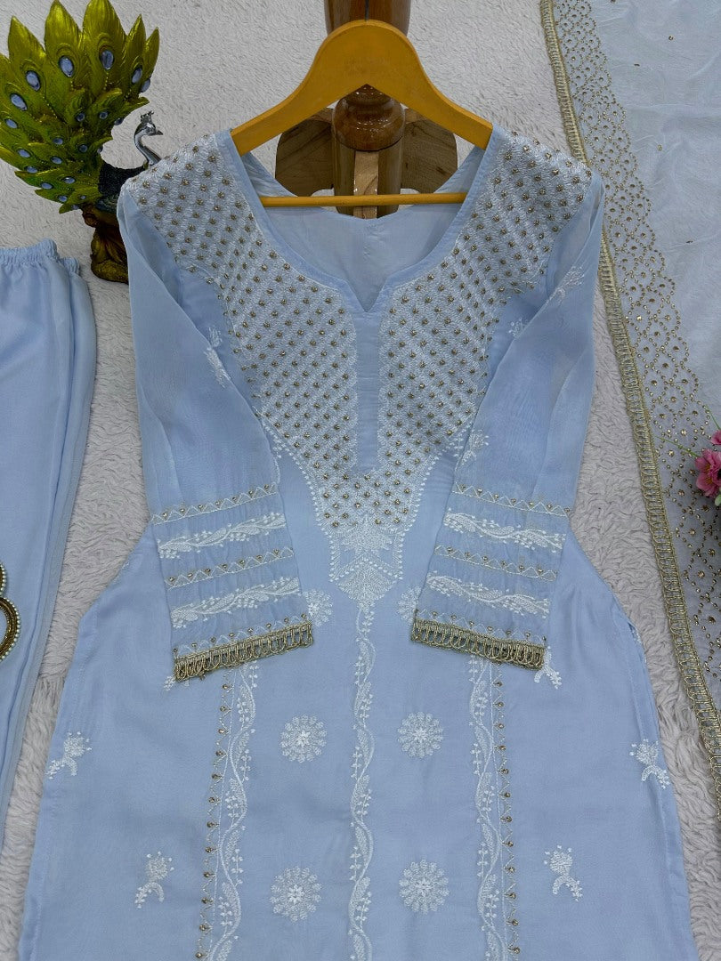 Sky blue designer organza salwar suit