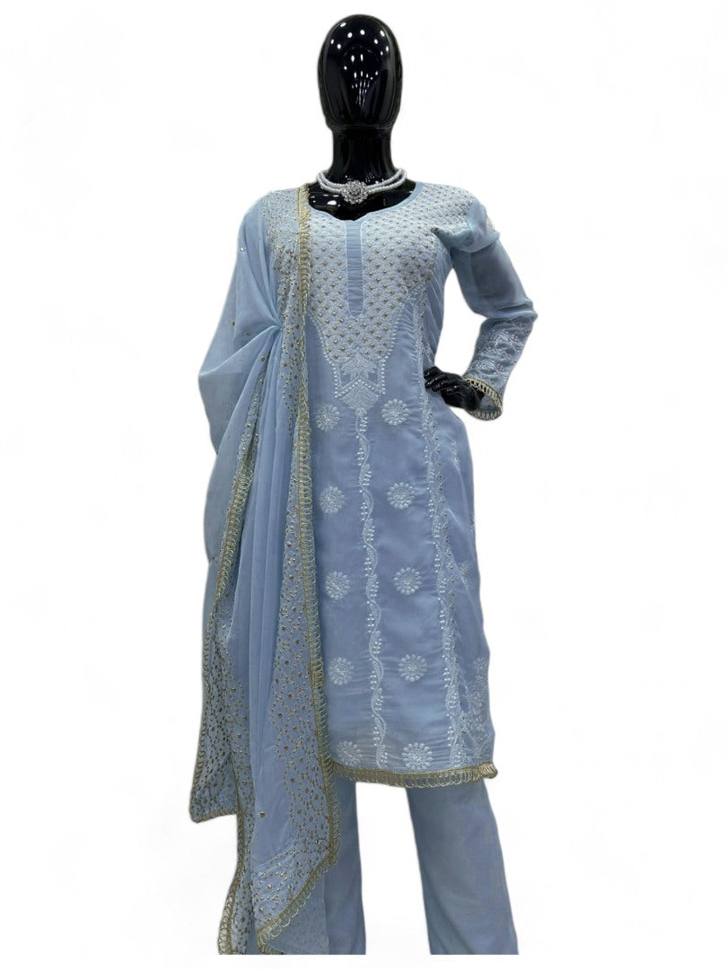 Sky blue designer organza salwar suit