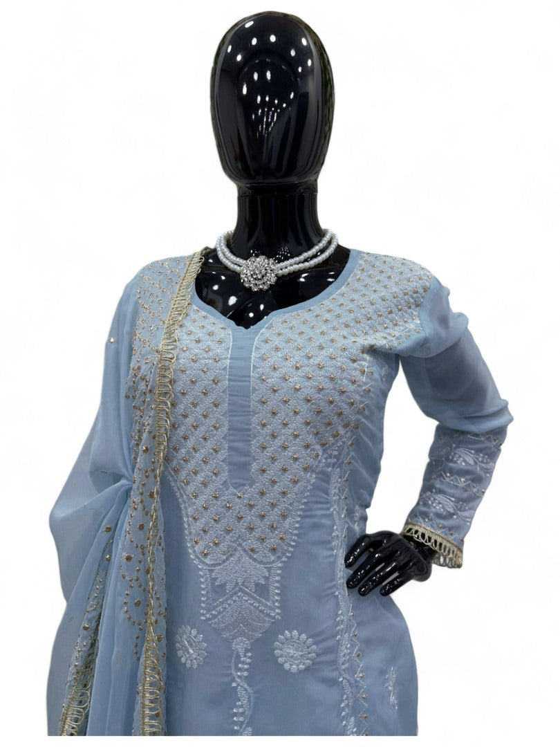 Sky blue designer organza salwar suit