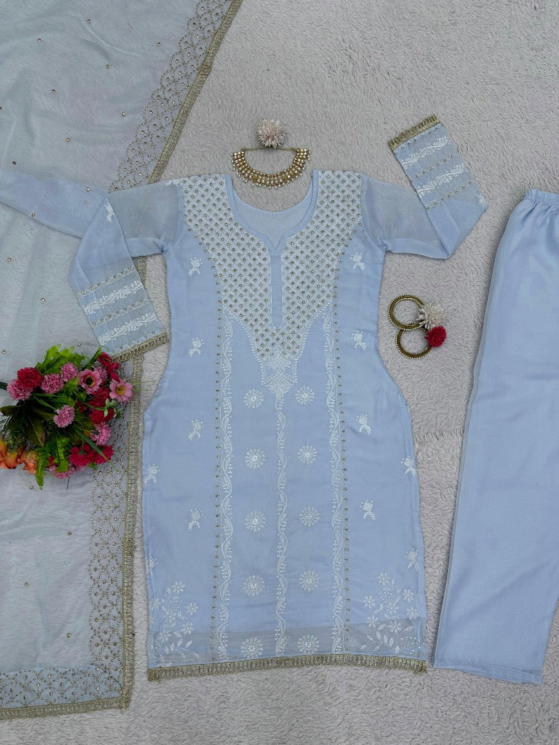 Sky blue designer organza salwar suit