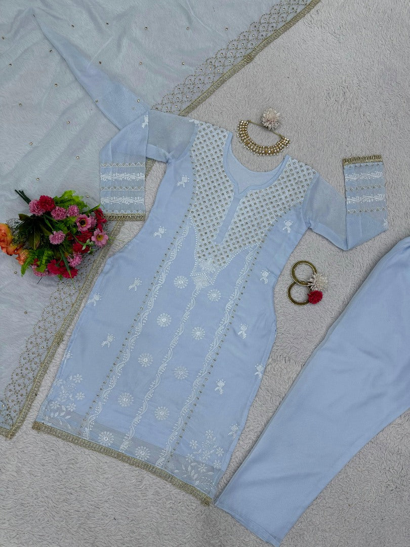 Sky blue designer organza salwar suit