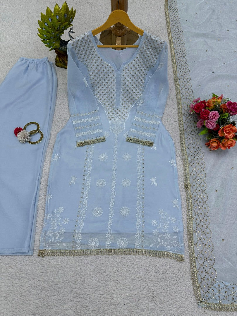 Sky blue designer organza salwar suit