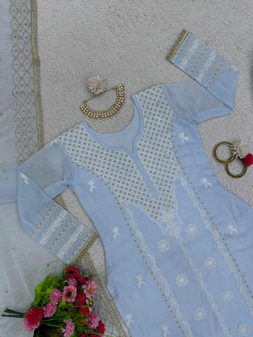 Sky blue designer organza salwar suit