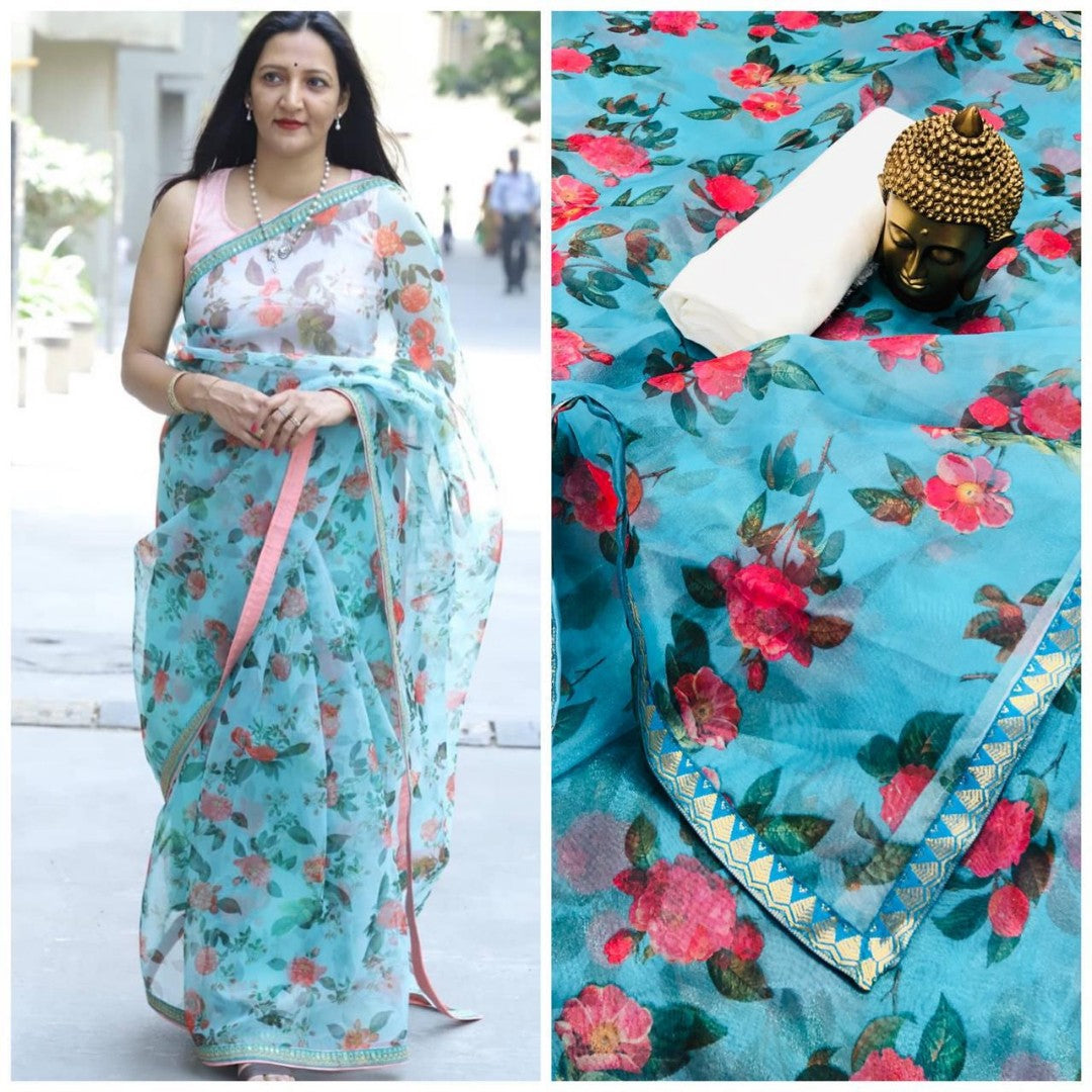 sky blue digital printed flower orgenza saree
