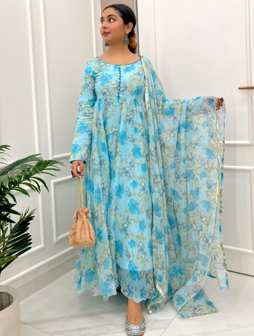 Sky blue floral printed anarkali suit