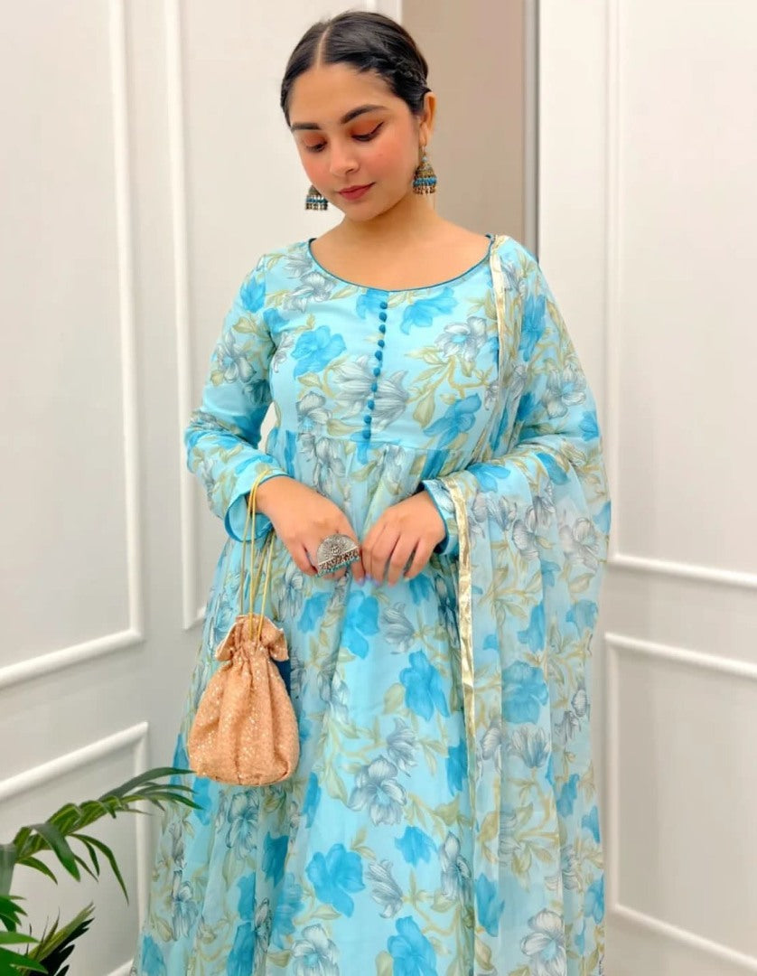 Sky blue floral printed anarkali suit