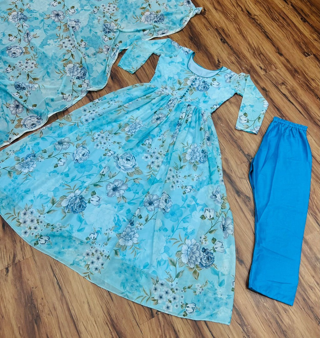 Sky blue floral printed anarkali suit