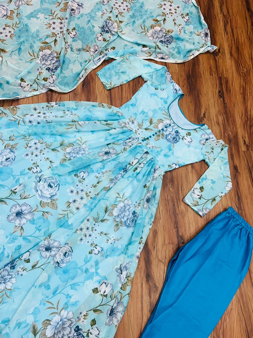 Sky blue floral printed anarkali suit