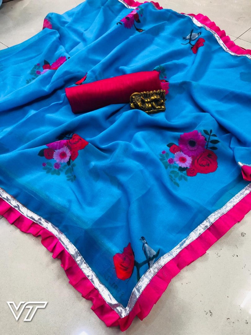 sky blue flower printed casual wear saree