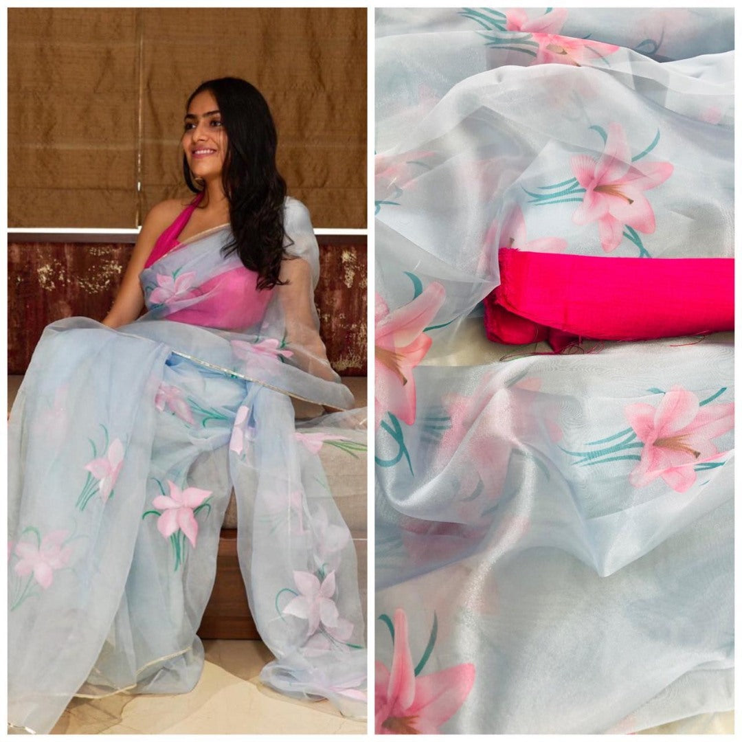 Sky blue flower printed organza saree