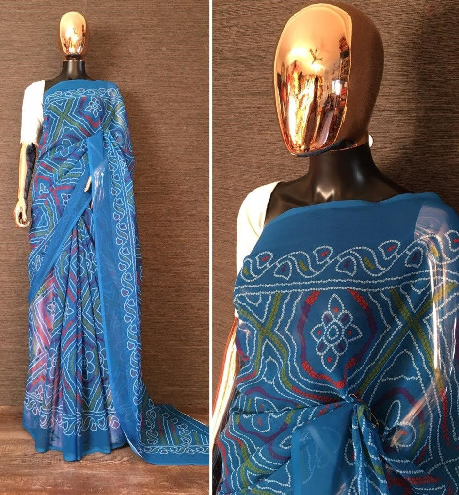 Sky blue georgette bandhani print traditional saree