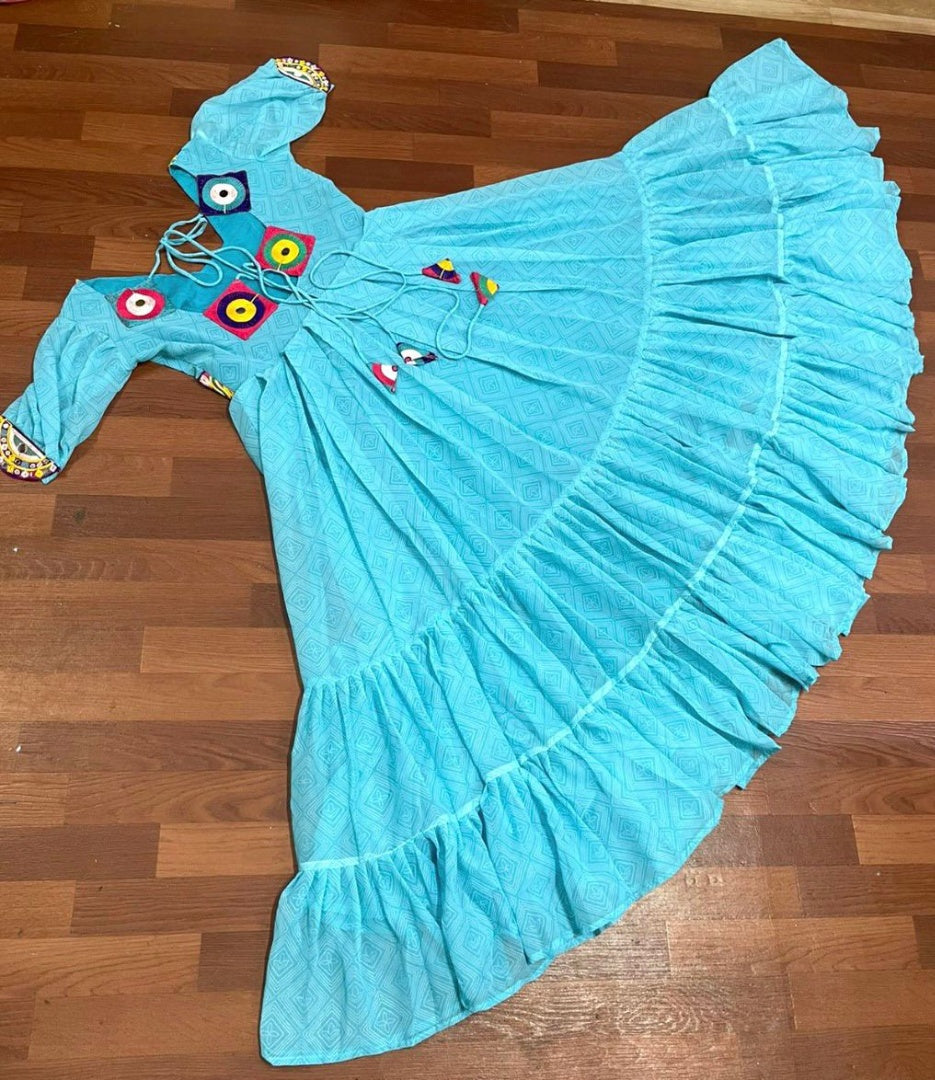 Sky blue georgette chain stitch and mirror work festival wear flairy gown