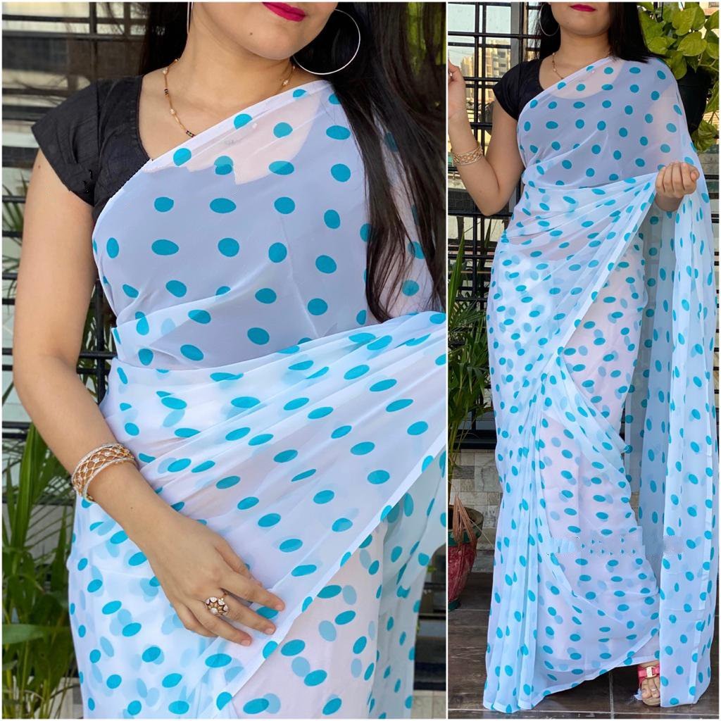 Sky blue Georgette dot printed saree