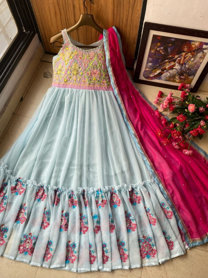 Sky blue georgette embroidered gown