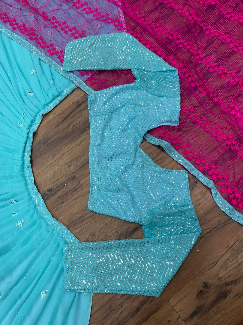 Sky blue georgette embroidered wedding lehenga choli