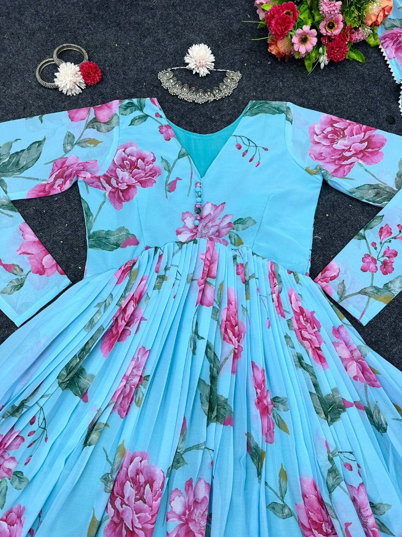 Sky blue georgette floral printed anarkali suit
