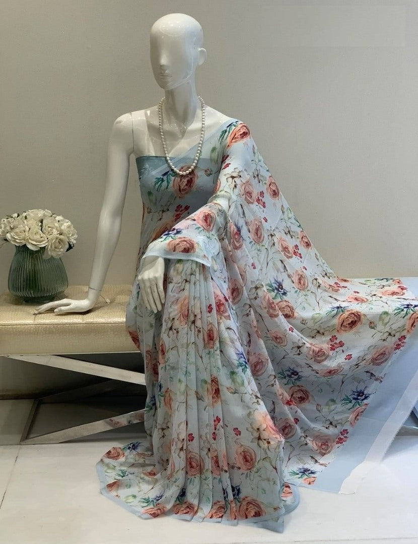 Sky blue georgette floral printed saree