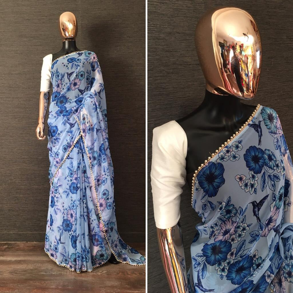 Sky blue georgette floral printed stylist moti lace saree