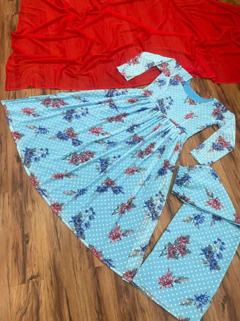 Sky blue georgette flower printed anarkali suit