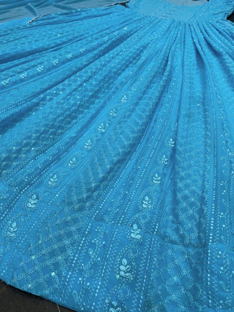 Sky blue georgette heavy embroidered party wear anarkali suit