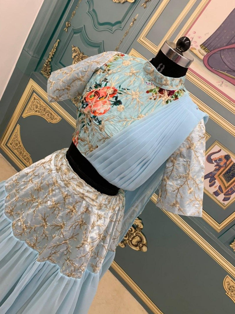 sky blue georgette indowestern croptop lehenga